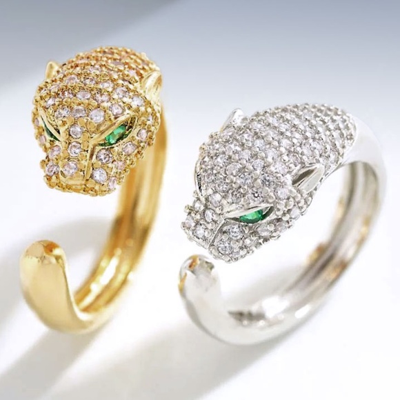 Gold or Silver-Tone PAVE Cubic Zirconia CZ PANTHER Head Open Cuff RING Size 8 - Picture 1 of 5